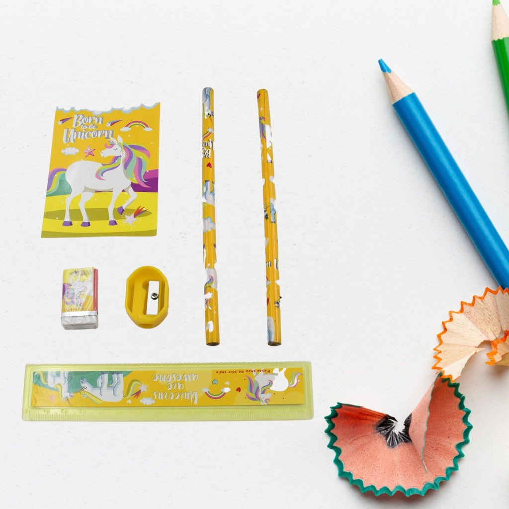 Vibrant school stationery set featuring pencils, ruler, and sharpener.