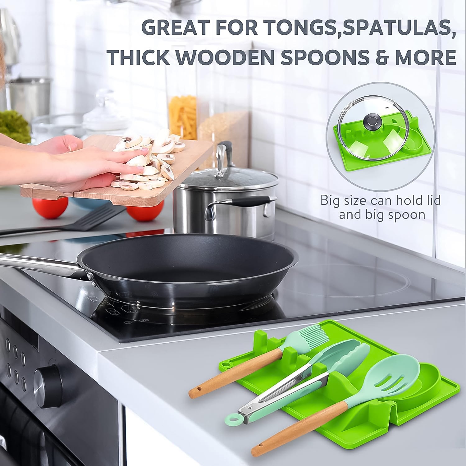 Multifunctional silicone spoon rest holding various kitchen utensils.