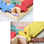 The complete Shut The Box game set, including the wooden board, dice, and storage bag.