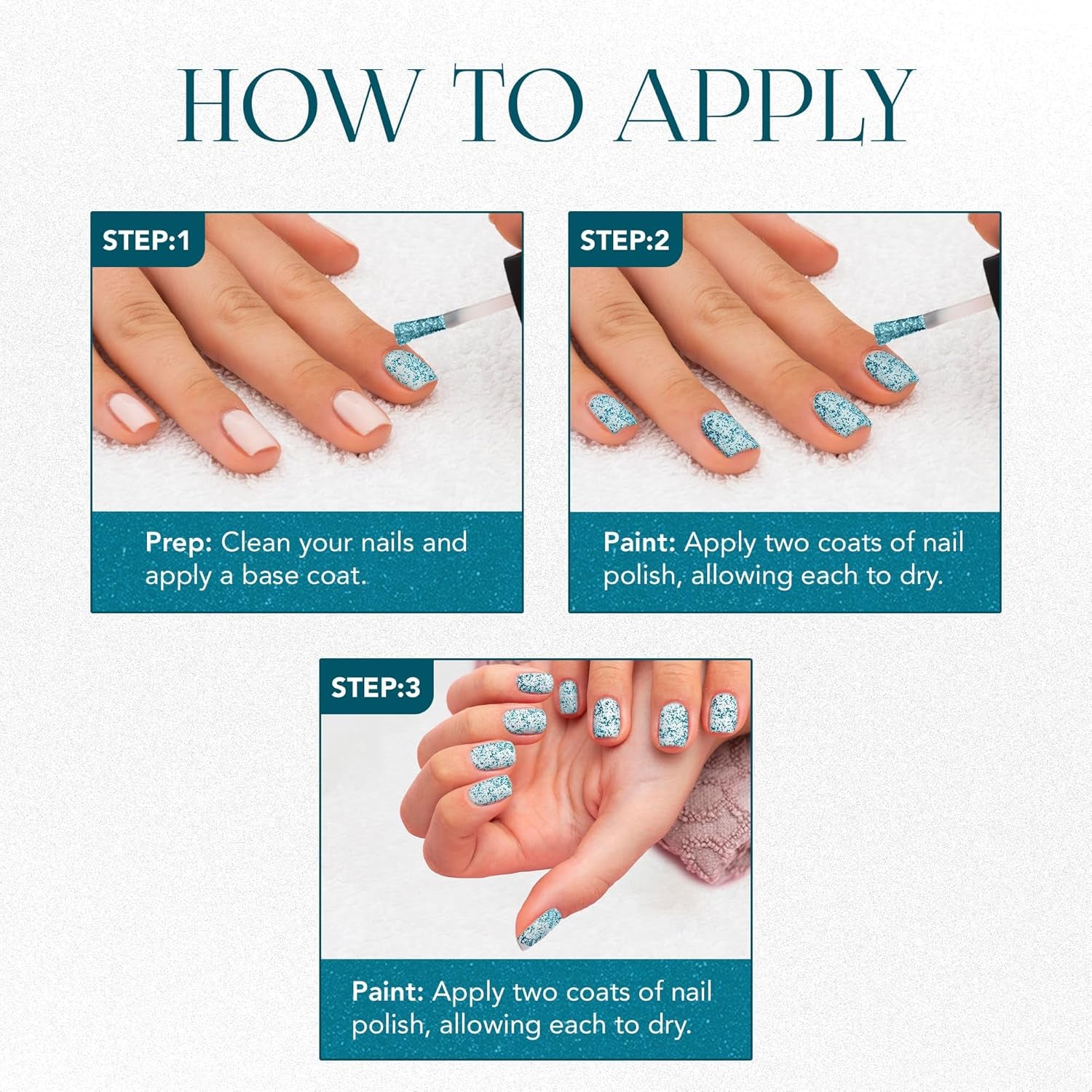 Nail paint brush applying the Aqua Bluebell glitter polish for even coverage.