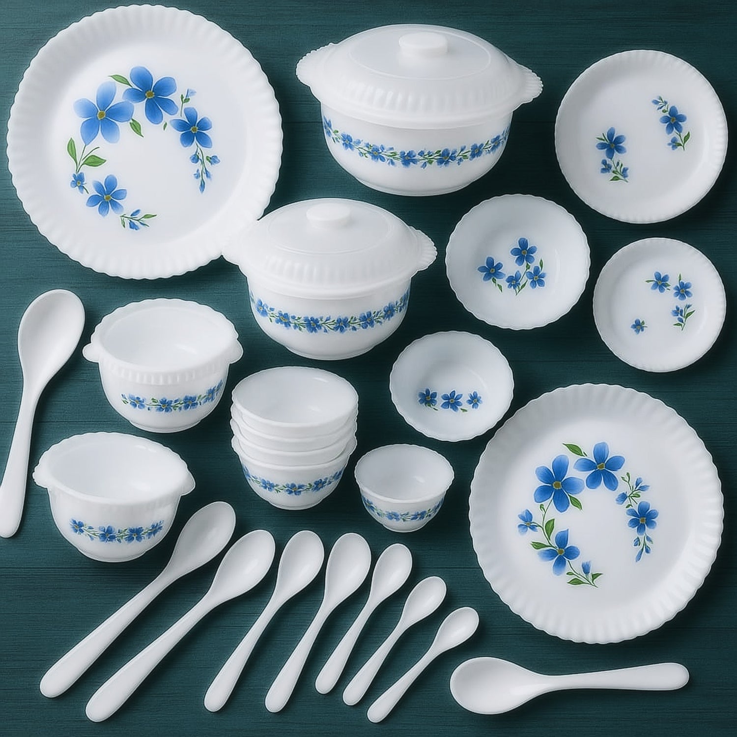 Full plastic dinner plate with elegant fluted edges and blue floral design
