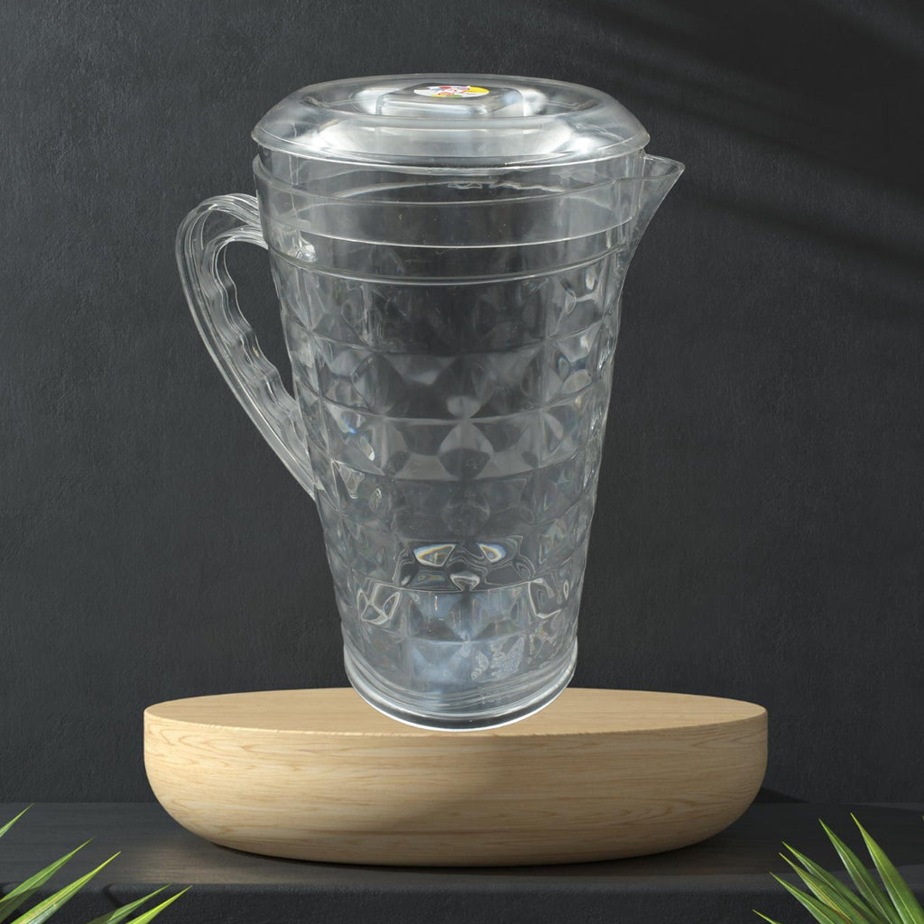 Top-down view of the Mocktail PET Plastic Jug with its lid, emphasizing the secure fit and transparent design.