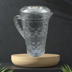 Top-down view of the Mocktail PET Plastic Jug with its lid, emphasizing the secure fit and transparent design.