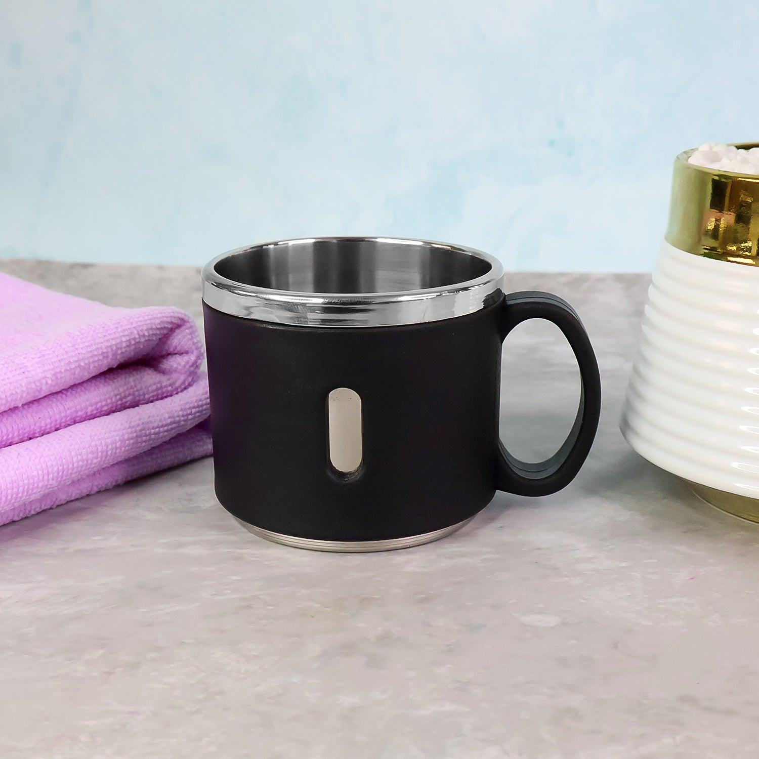 Individual stainless steel coffee mug from double wall insulated set