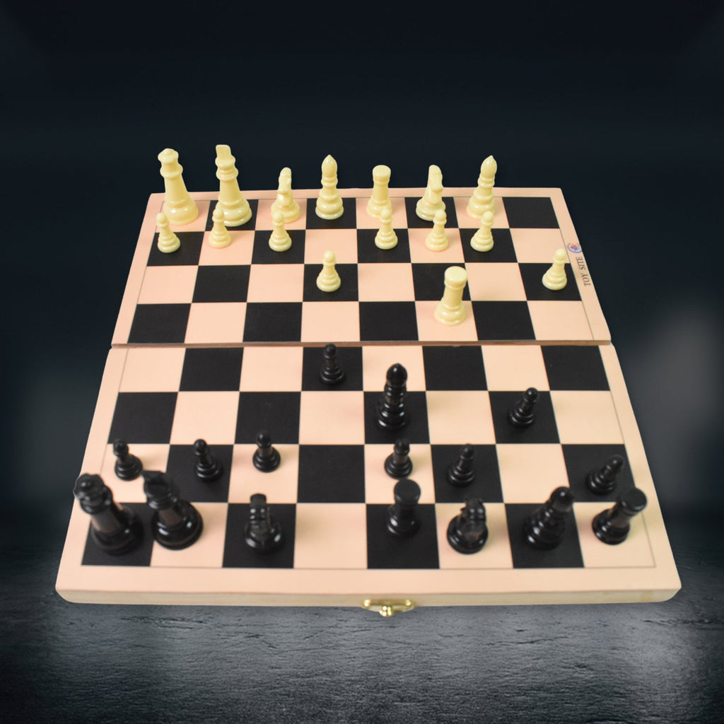 Detail of the wooden chess board's smooth surface and inlaid squares.