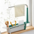 Plastic expandable dish drying rack, perfect for keeping kitchen counters clear and utensils dry.