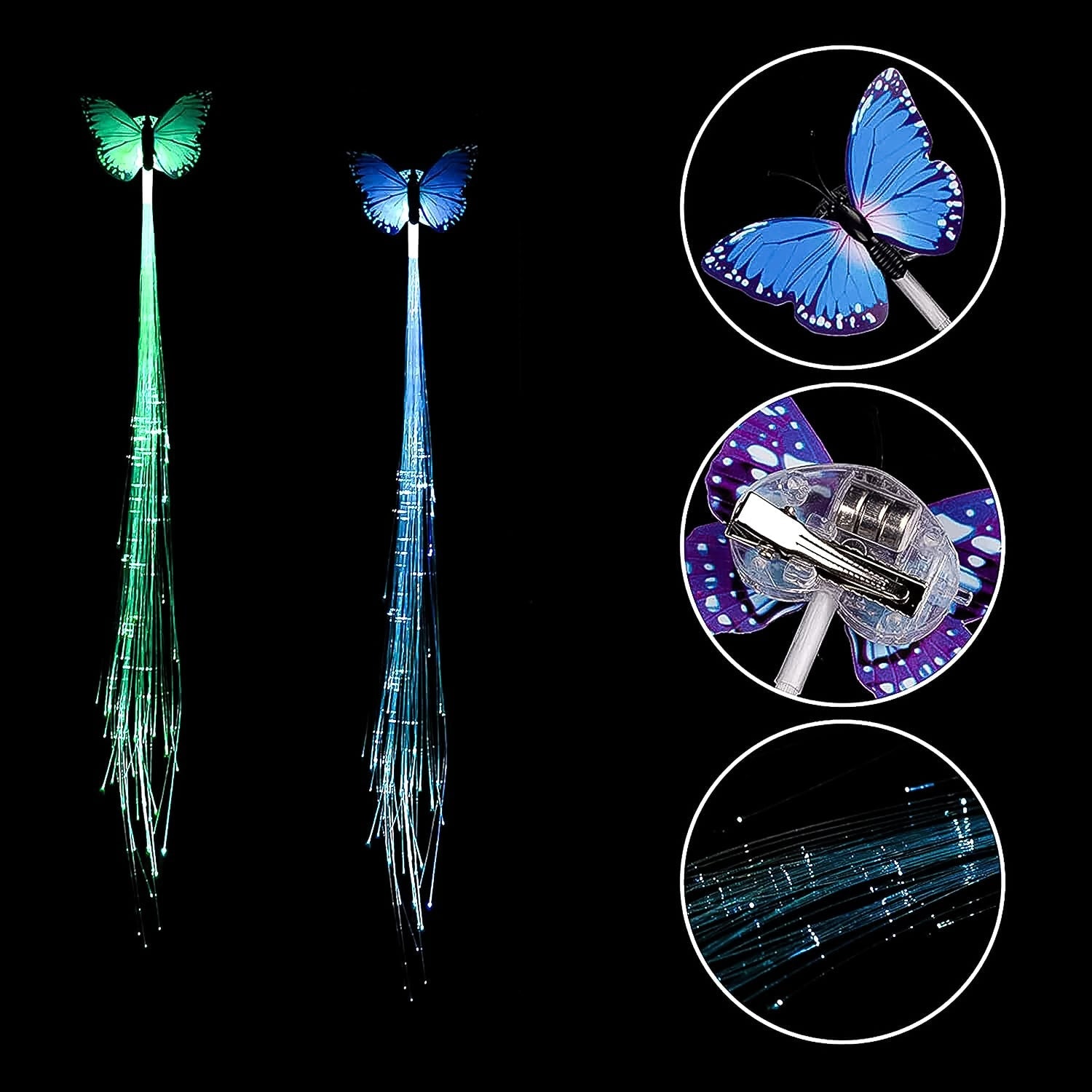 Close-up of vibrant LED butterfly hair braid clip design