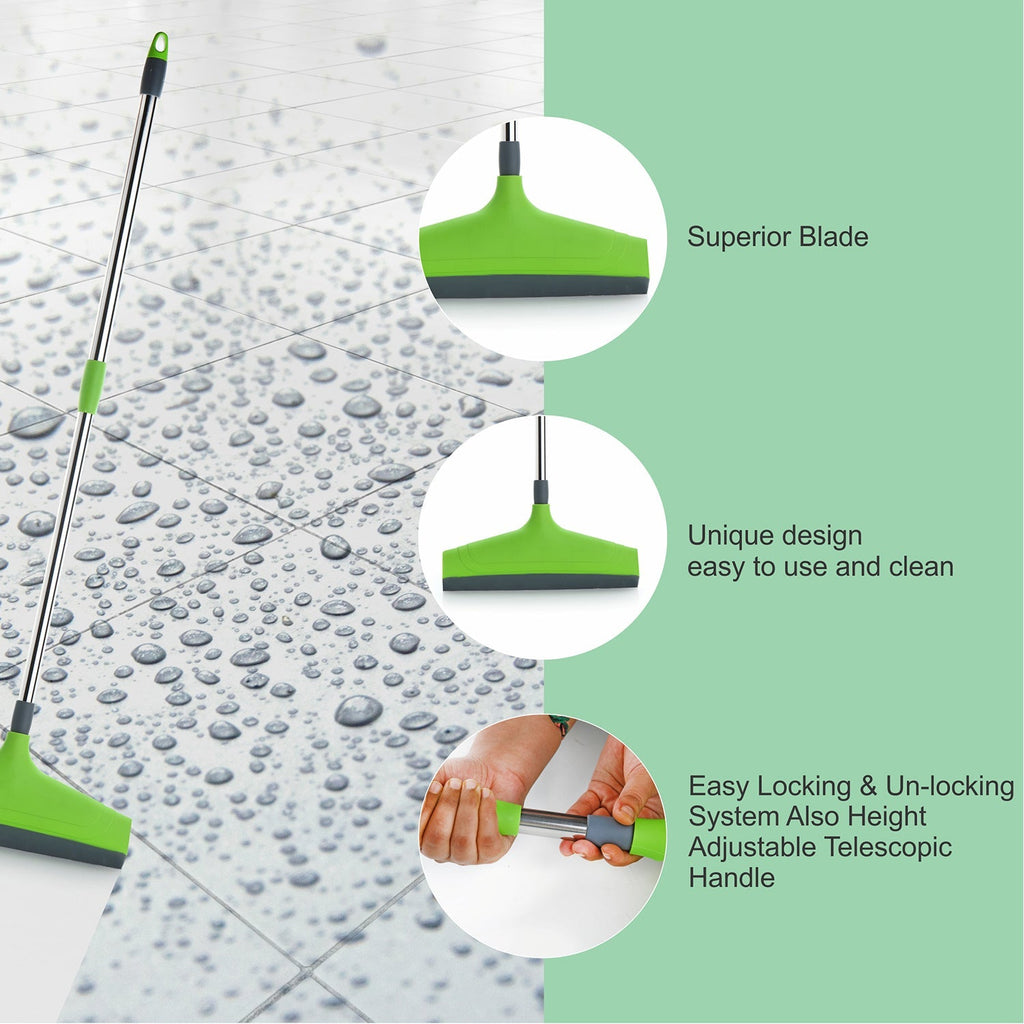 Multi-angle view of the adjustable floor wiper in action on a tiled floor.
