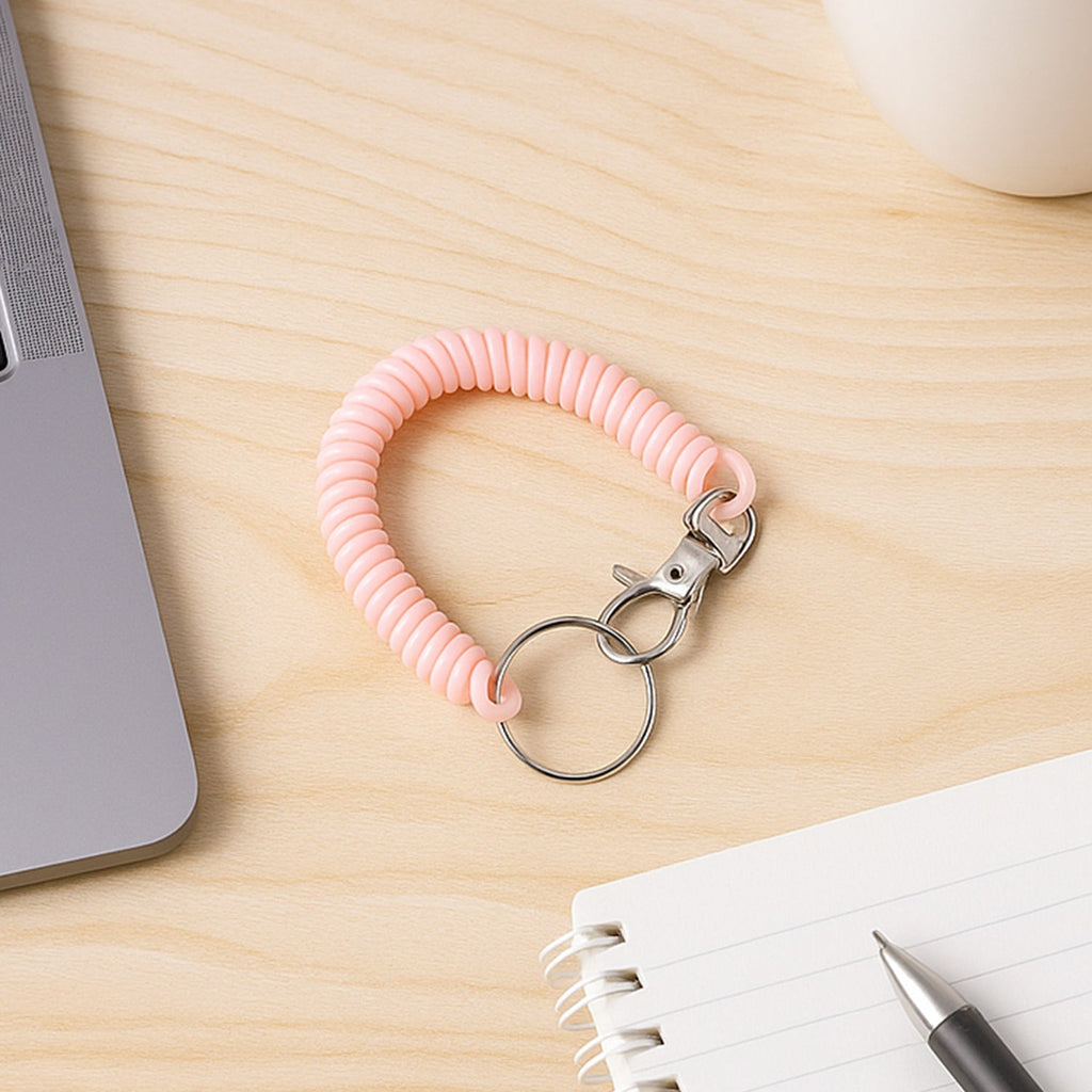 Stretchable elastic coil keychain bracelet with metal clip for keys