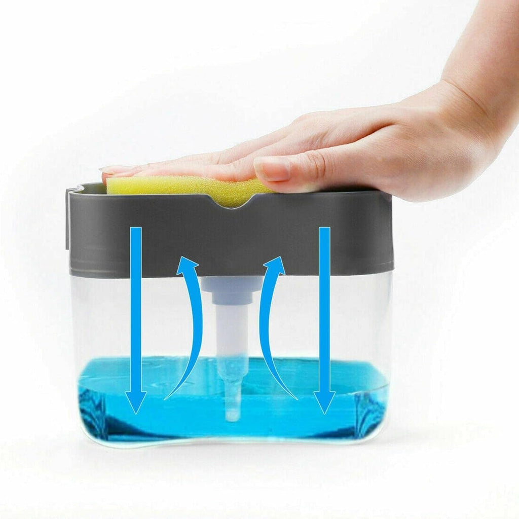 The 2-in-1 soap dispenser with a sponge neatly stored in its caddy, ready for use.