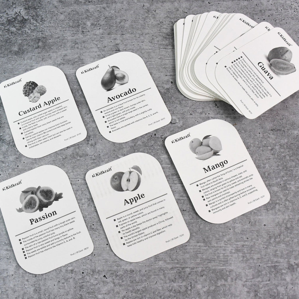 Detailed view of a fruit flashcard showing clear English fruit name and image