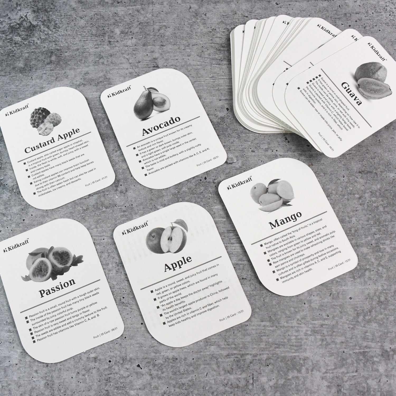 Detailed view of a fruit flashcard showing clear English fruit name and image