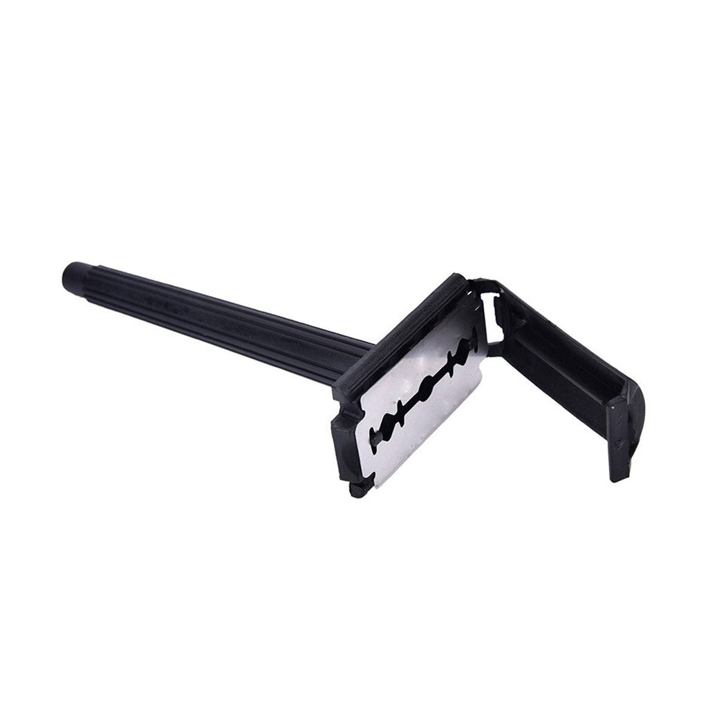Shaving razor for men with a black plastic grip handle on a light background.