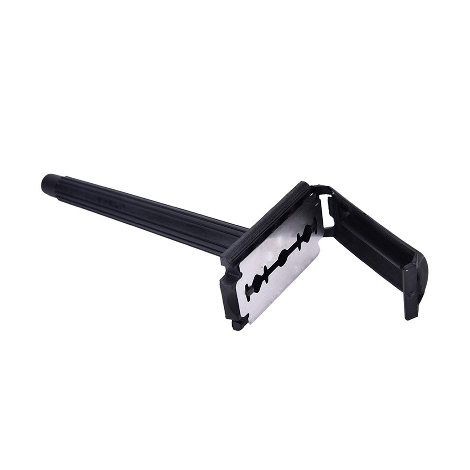 Shaving razor for men with a black plastic grip handle on a light background.