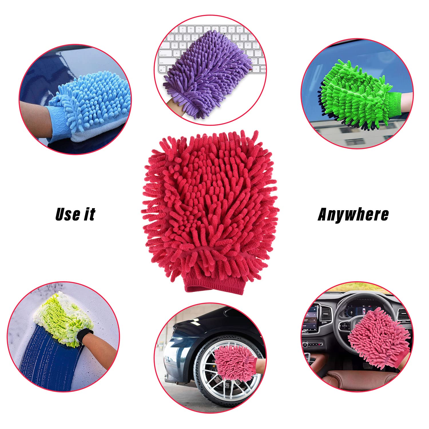 Vibrant multi-color double-sided cleaning glove for various surfaces.