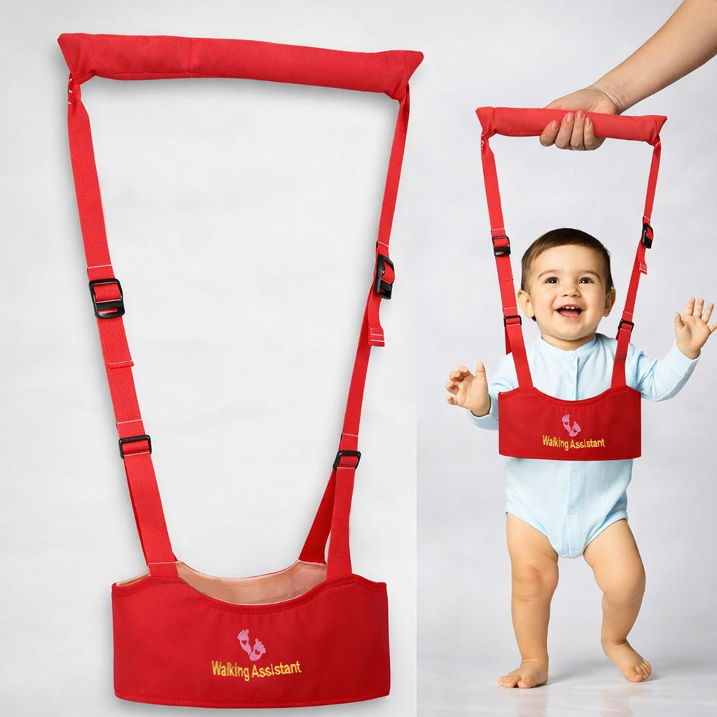 Toddler using a baby walking assistant harness with safety belt