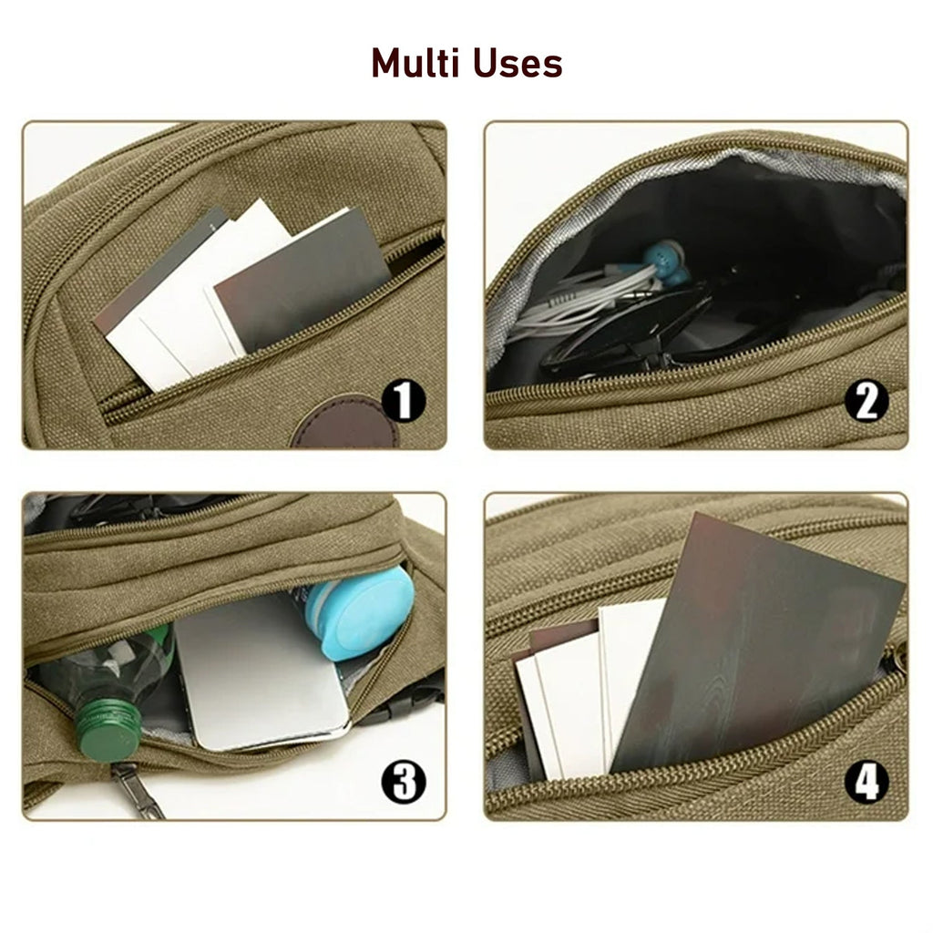 Multi-pocket beige canvas sling bag ideal for organizing essentials