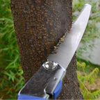Ergonomic handle and safety lock mechanism of the folding gardening saw.