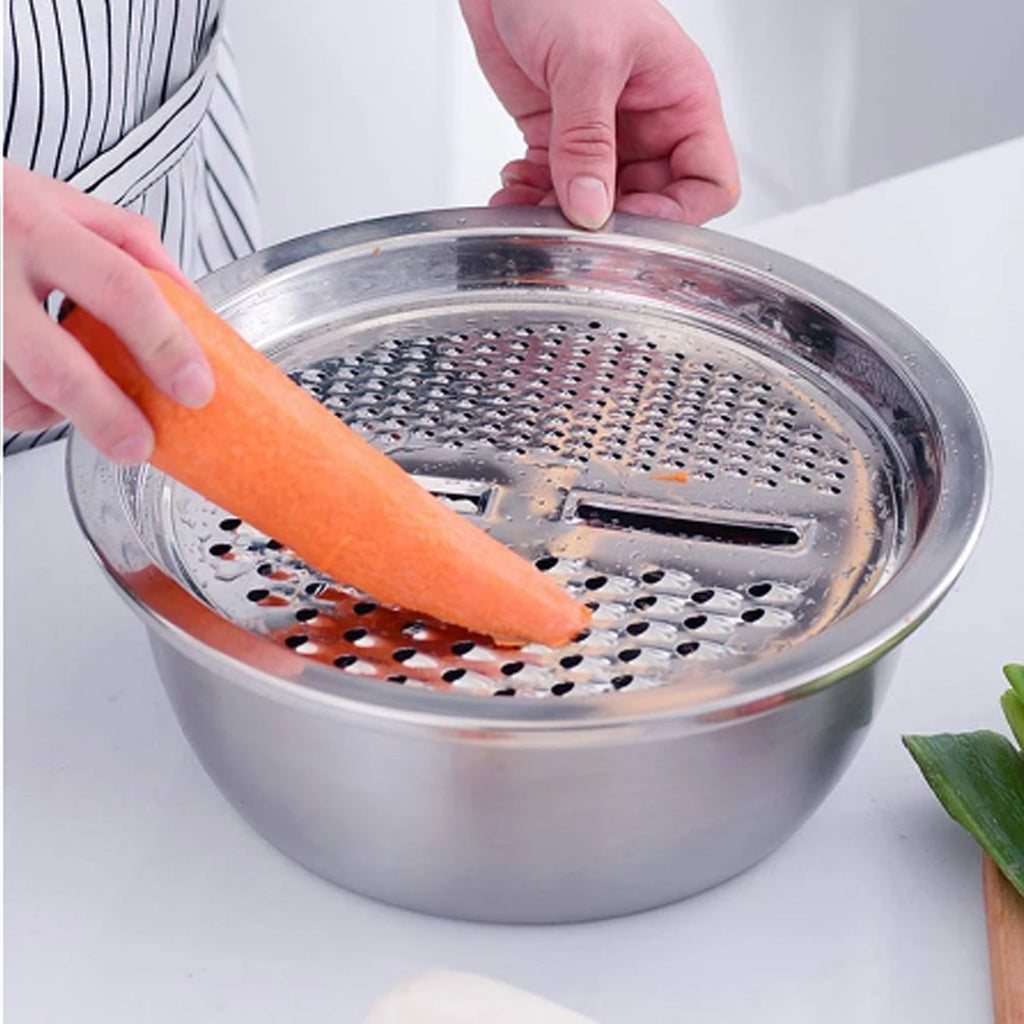 Quickslice 3-in-1 Julienne Grater set in stainless steel, showing the bowl, drain basket, and grater lid.