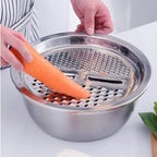 Quickslice 3-in-1 Julienne Grater set in stainless steel, showing the bowl, drain basket, and grater lid.