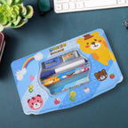 Vibrant cartoon metal compass box for kids, showcasing the included 6-piece stationery set.