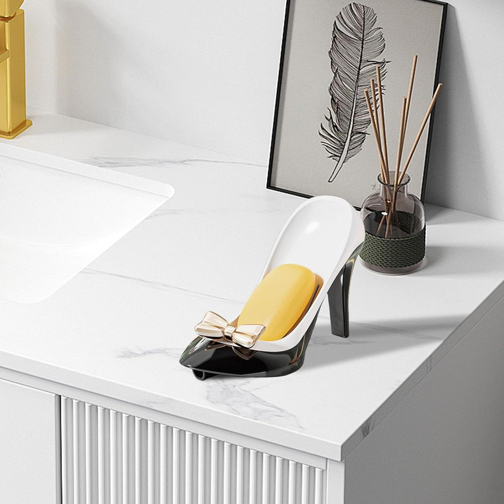 Side angle of High Heels Soap Box soap holder in stylish black and white pattern