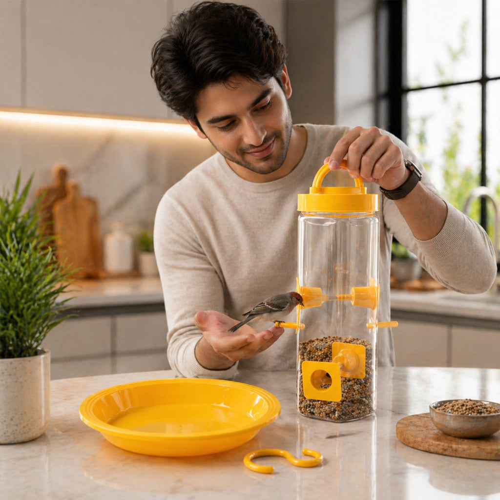 Bird feeder with transparent container and hook for hanging