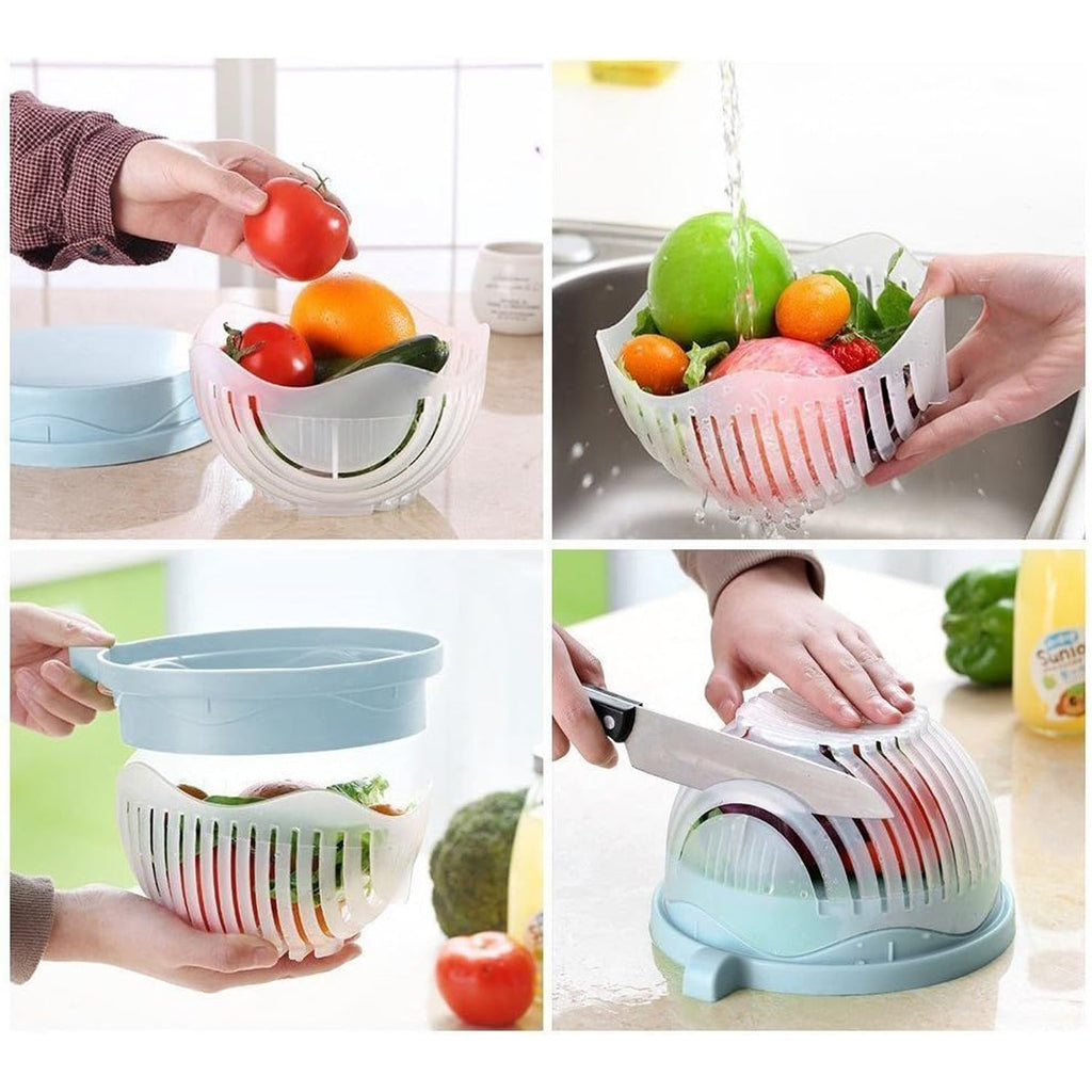 Step-by-step diagram illustrating how to use the 60 Seconds Salad Cutter for perfect salads.
