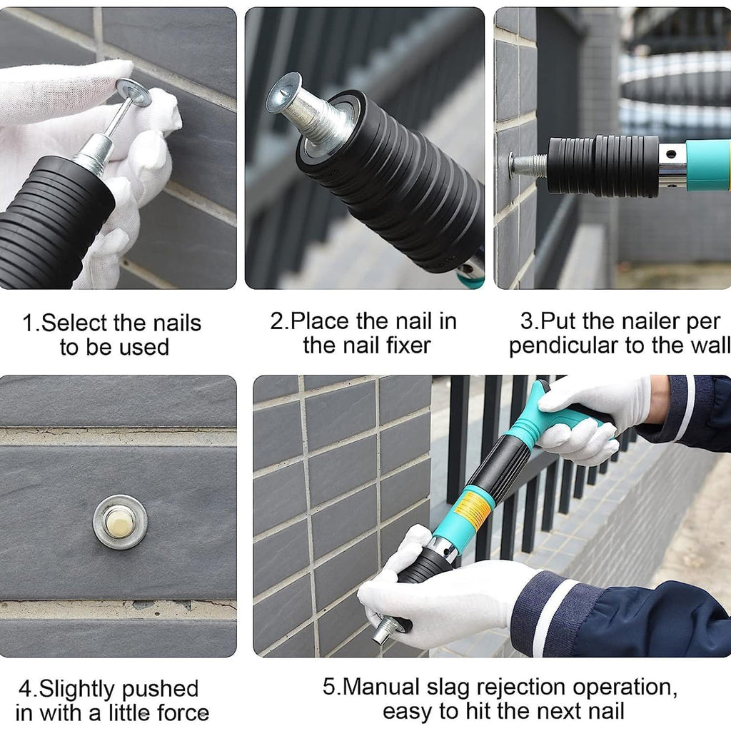 User holding the BoltForce manual steel nail gun, demonstrating its comfortable single-hand operation.