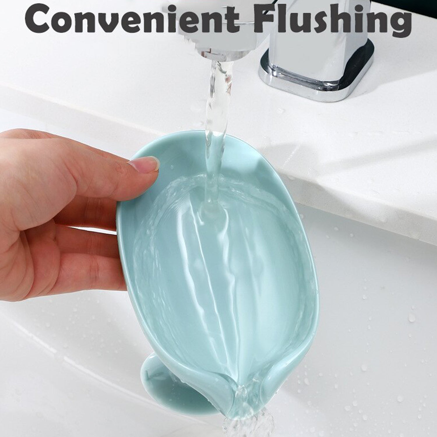 Detailed view of the 45° oblique design of the self-draining soap tray, ensuring no water pooling.