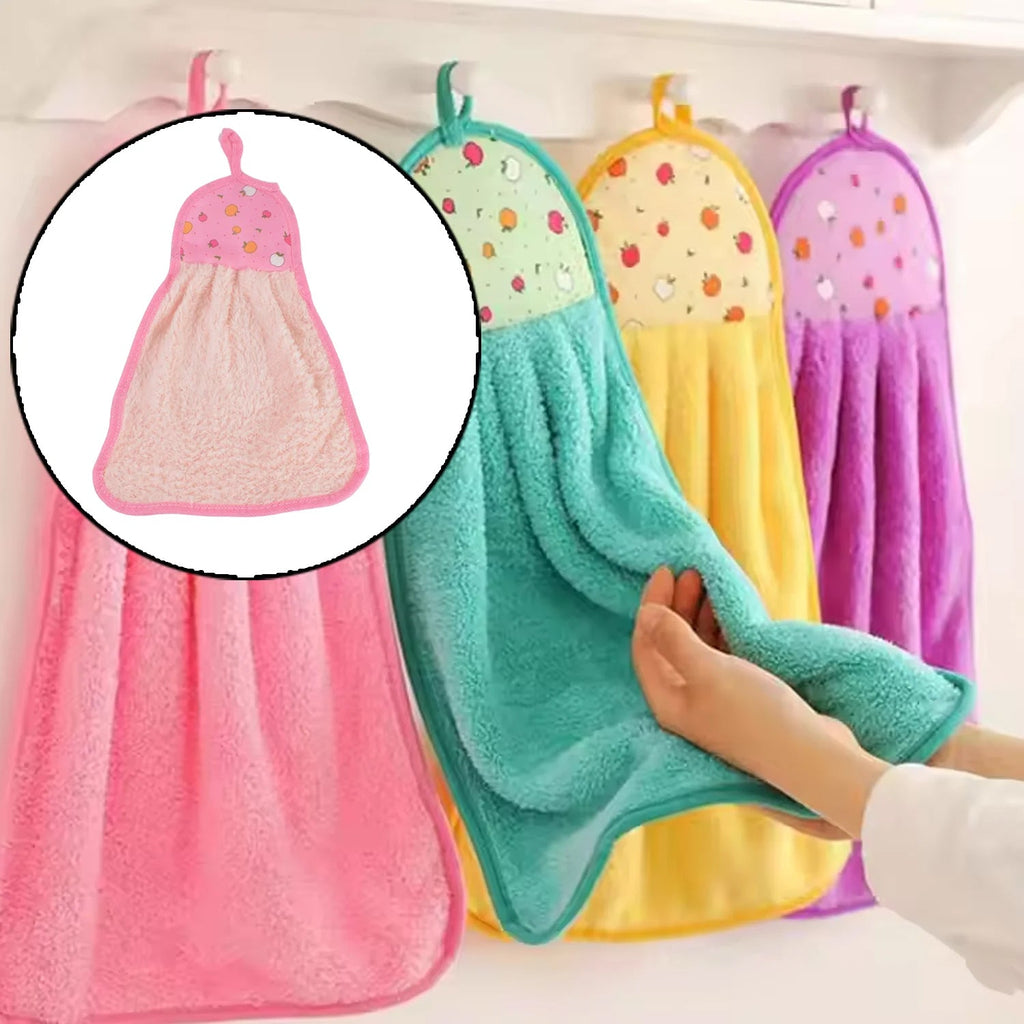 Hanging hand towel with loop on strong adhesive wall hook in bathroom