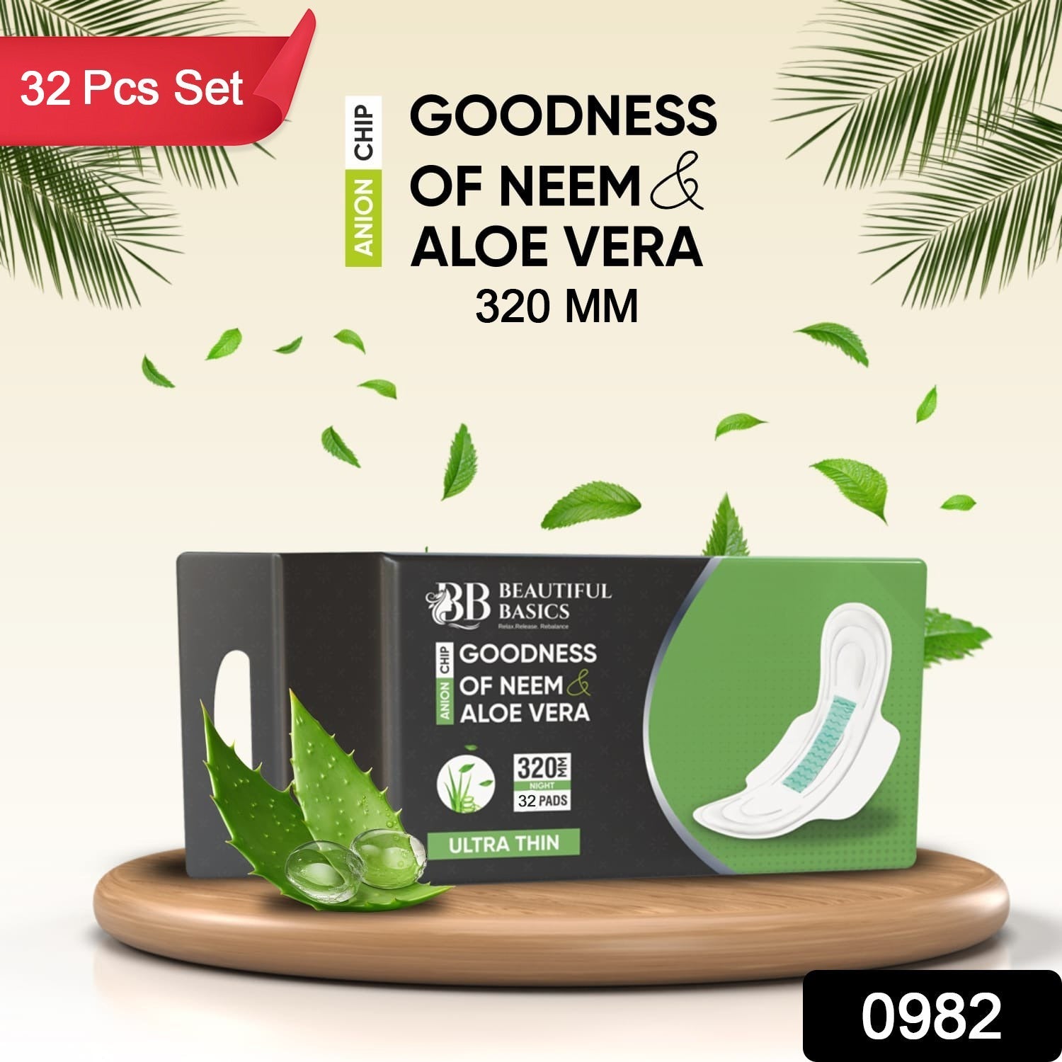 An individual ultra-thin sanitary pad featuring Neem and Aloe Vera extracts.