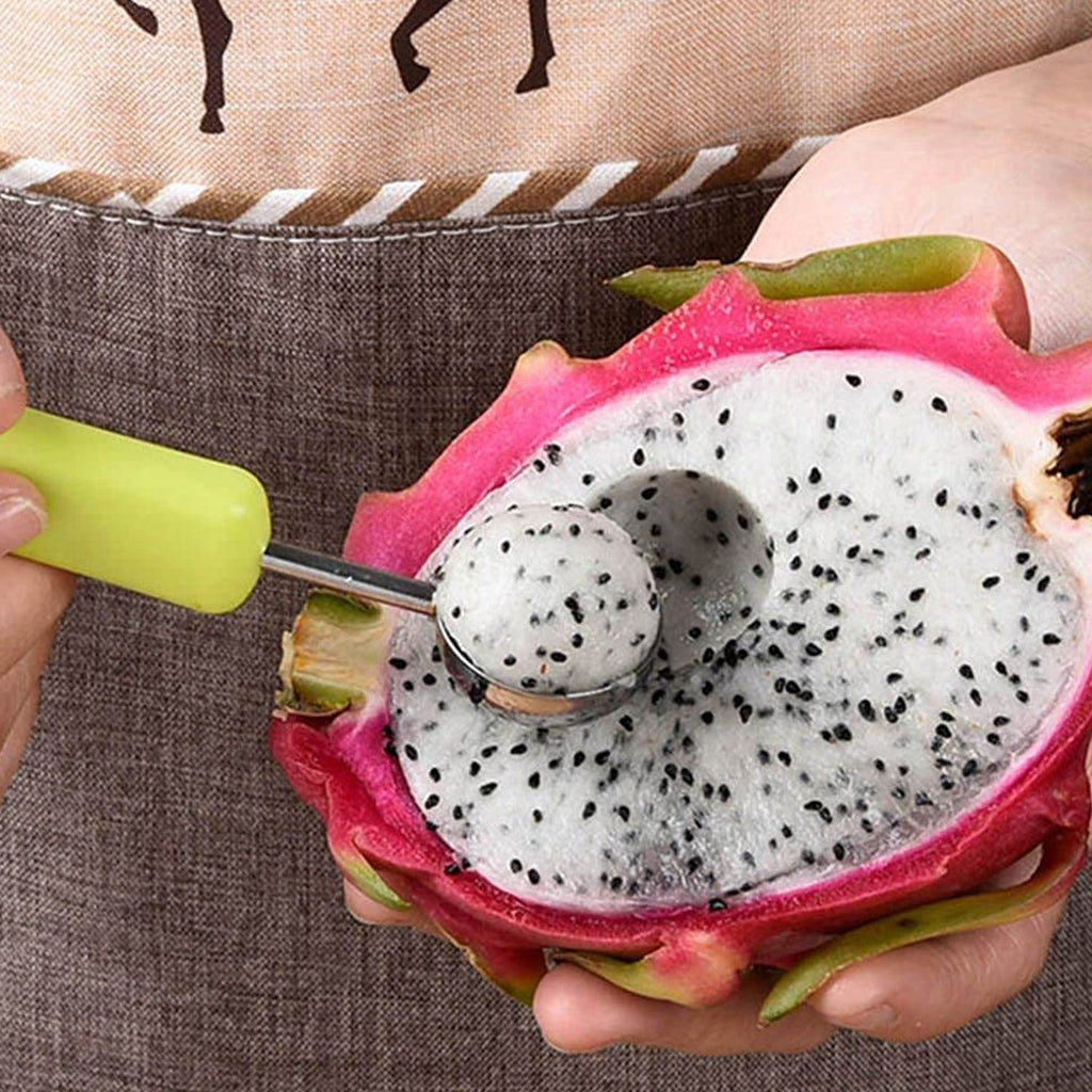 Close-up view of the durable stainless steel scoops of the fruit baller.