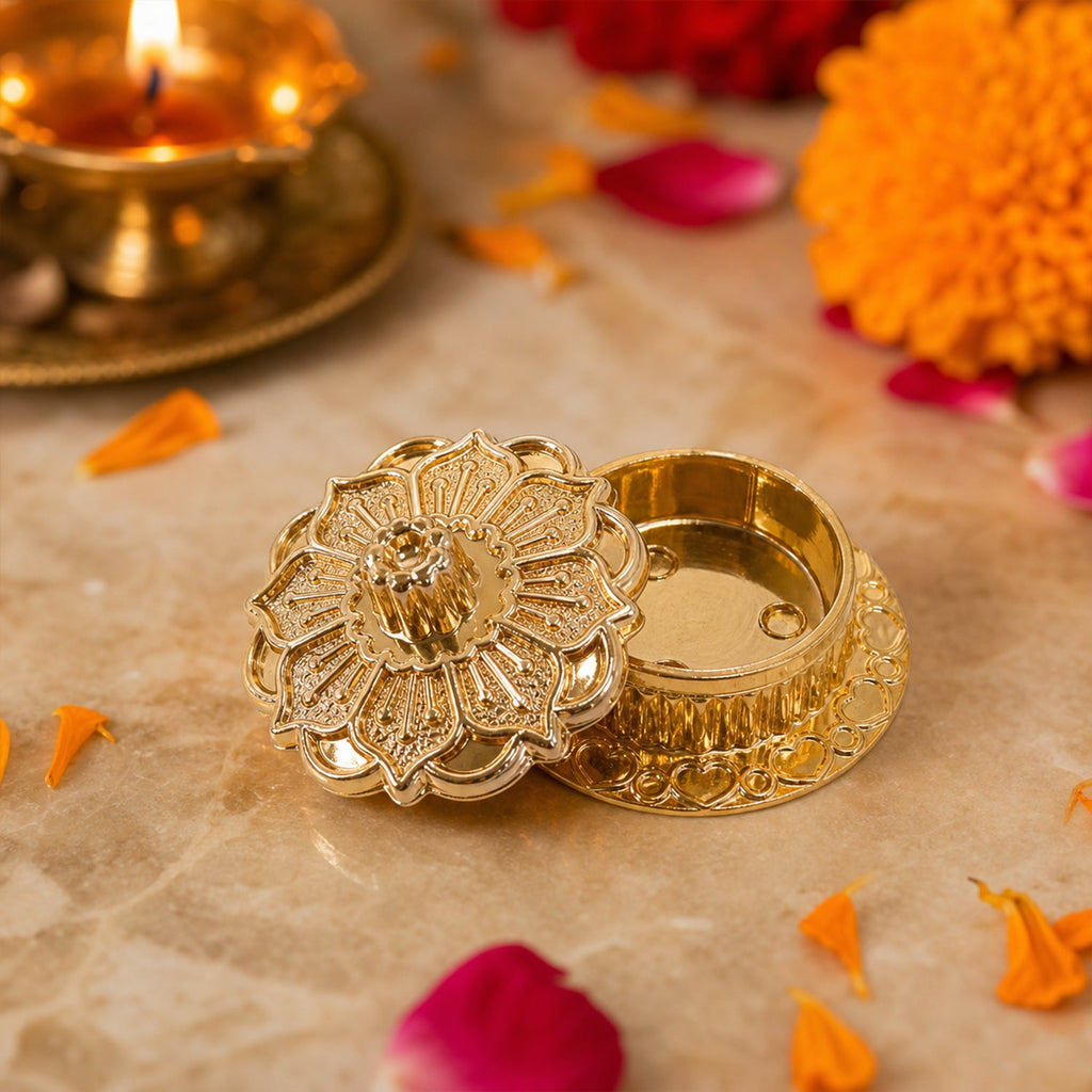 Close-up of golden decorative kankavati