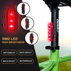 Bicycle LED tail light showing multiple lighting modes including flashing