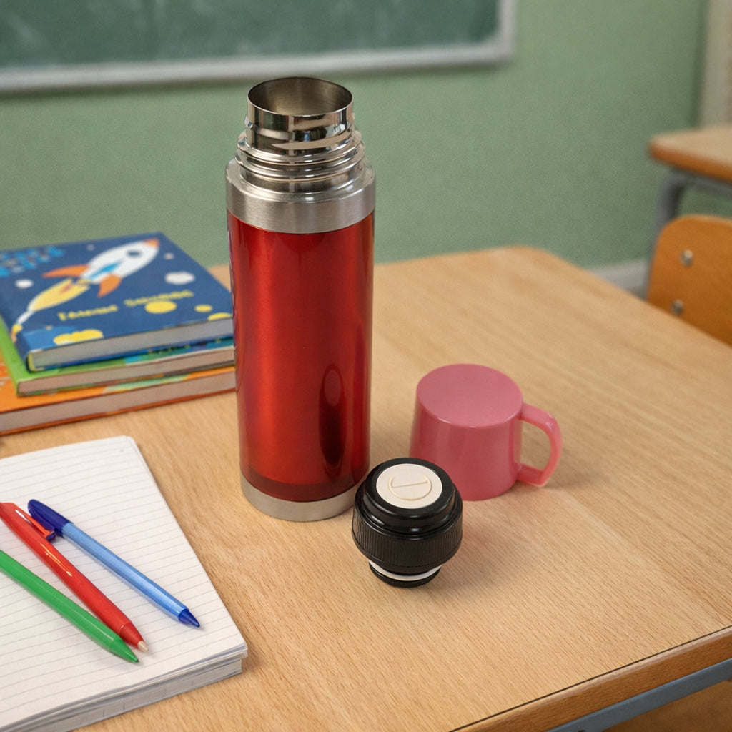 Travel drink bottle with secure grip handle and durable stainless steel ring base