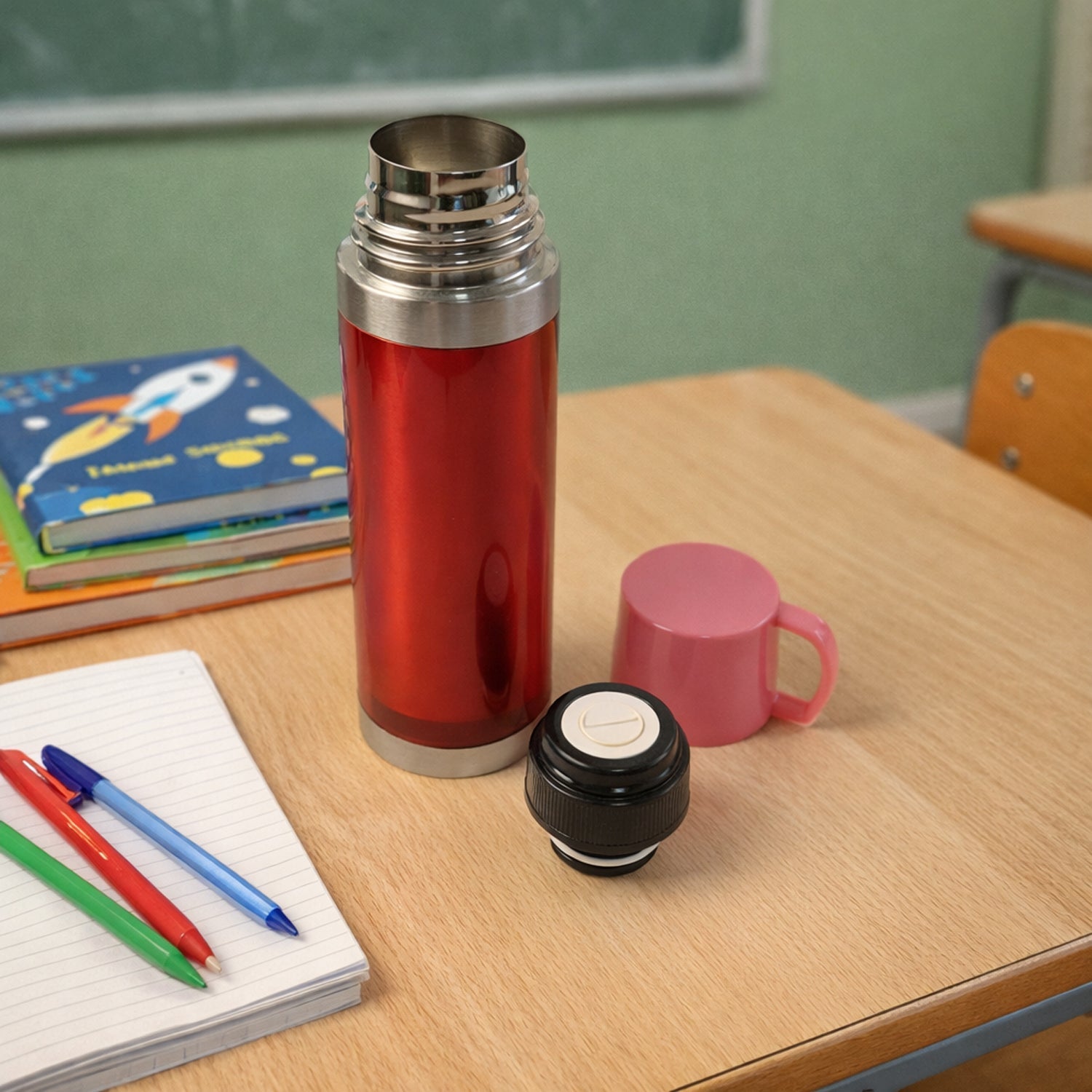 Travel drink bottle with secure grip handle and durable stainless steel ring base