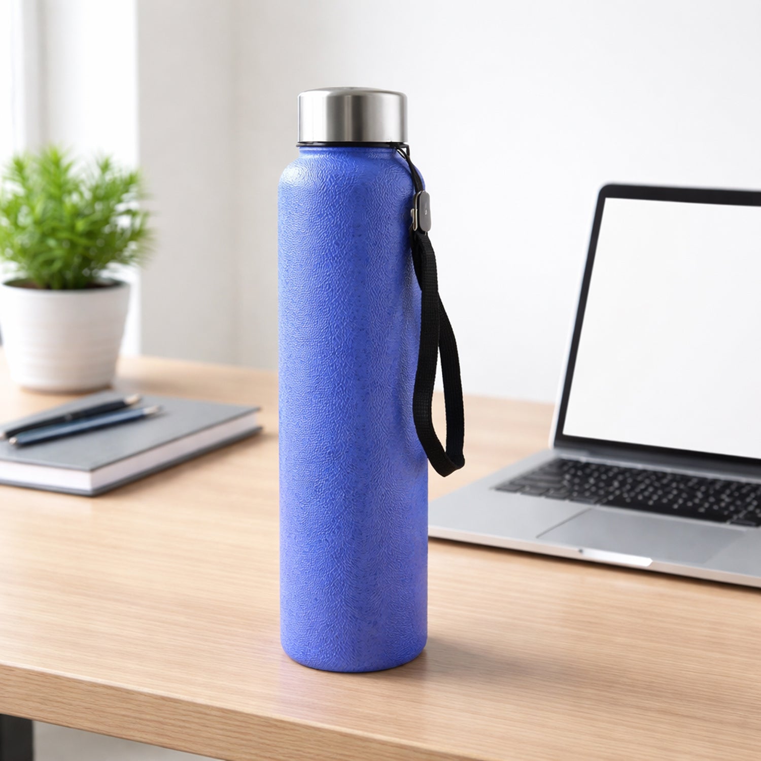 Close-up of leakproof screw cap on blue stainless steel water bottle