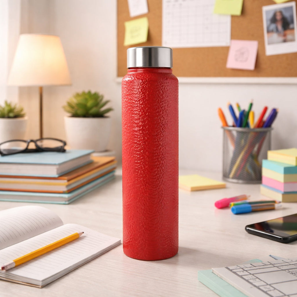 Angled view of red stainless steel water bottle 1000 ML capacity