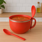 Supermom soup serving bowl with reusable lid and cutlery for hot and cold foods
