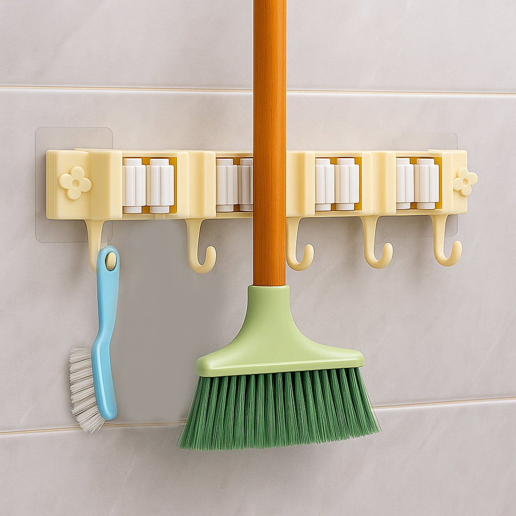 Neatly mounted self-adhesive broom and mop holder rack in utility space