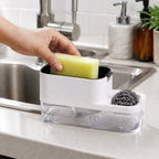 Compact dish soap dispenser and sponge holder on kitchen counter for space saving