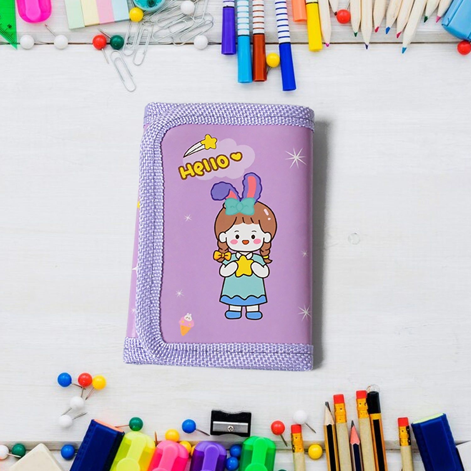 All seven items neatly displayed from the complete kids stationery set.