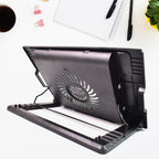 Portable laptop cooler with dual USB ports and fan, ideal for extended use.