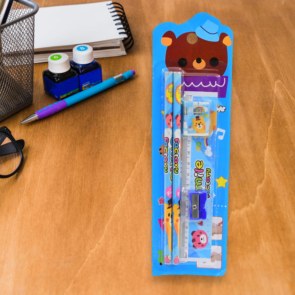 Close-up of a Kids Cartoon Pencil Set with a red sharpener and eraser.
