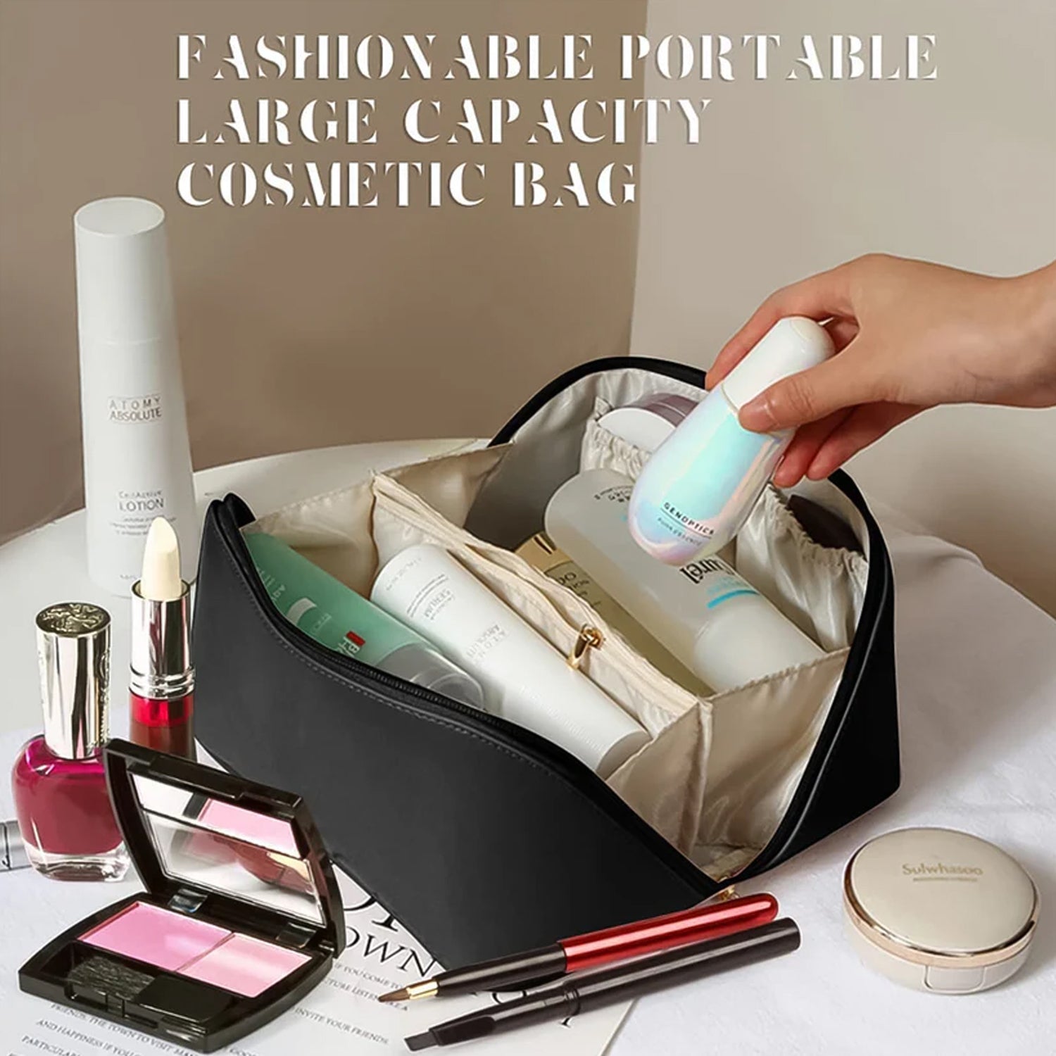 Portable black makeup and toiletry organizer pouch for travel