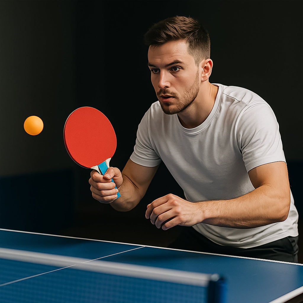 Top view of Konex table tennis paddles and lightweight orange balls
