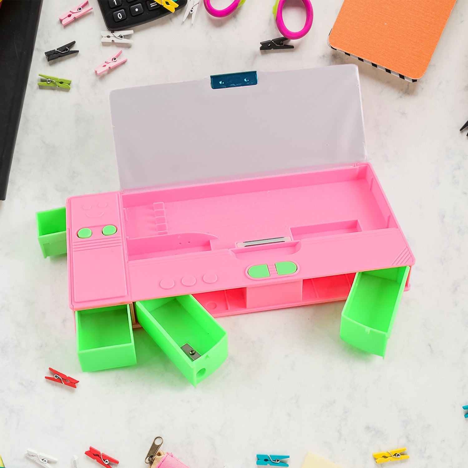 Writezo Jumbo Geometry Box with a geometry set and other stationery neatly organised inside.