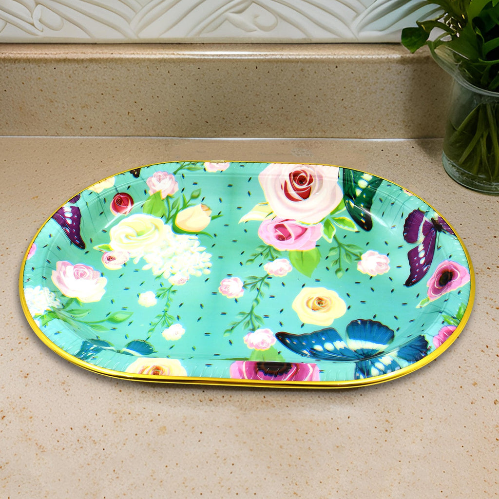 Stylish plastic serving tray displaying its elegant flower pattern.