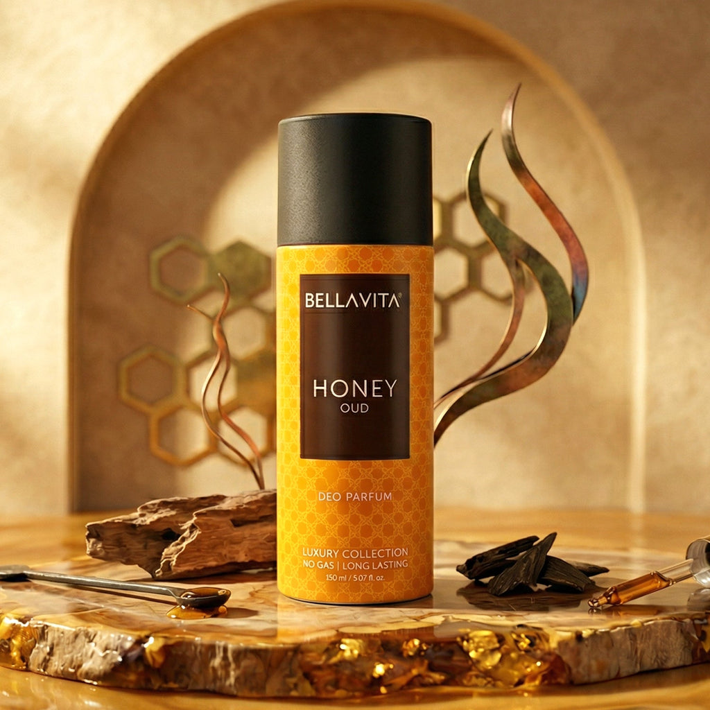 Luxury perfume packaging of Honey Oud Deo Spray